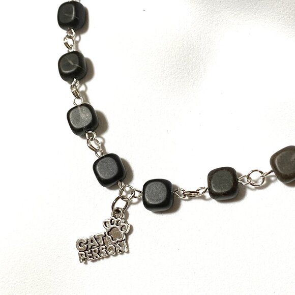 Genuine Black Agate Cube Necklace, Cute Cat Person Paw Print Pendant + Gemstone - Picture 1 of 9